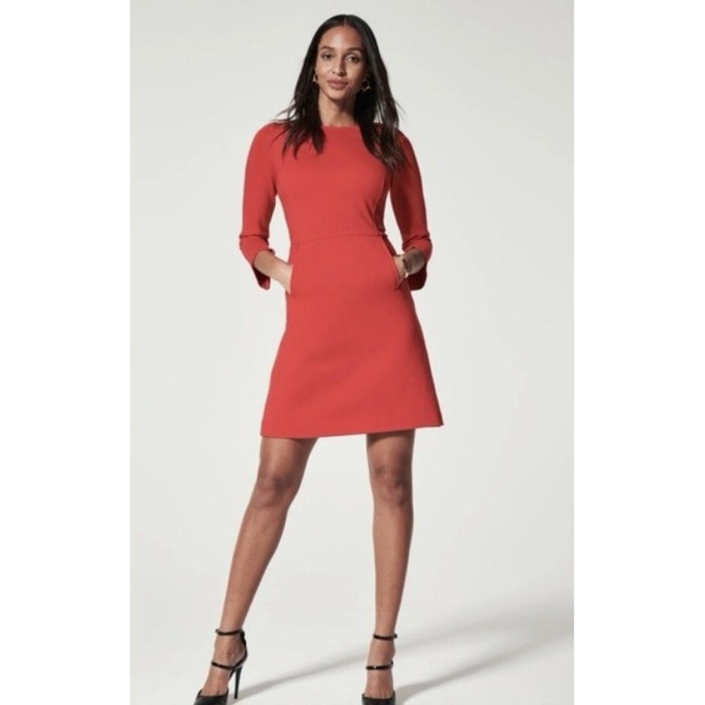 Spanx Perfect Shift Dress Red 3/4 Sleeve A-Line Mini Ponte Work Career NWT Sz L